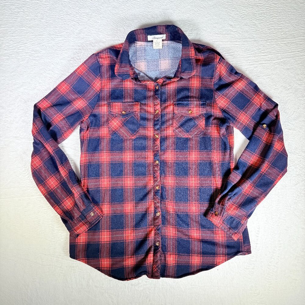 Passport Women's Long Sleeve Button Up Plaid Flannel Shirt‎ Size L